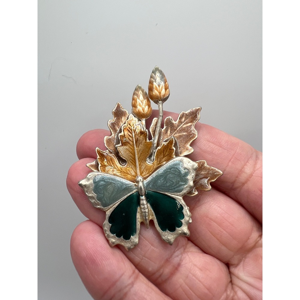 Cottagecore Kenneth Cole Butterfly Leaf Brooch 1.5x2.25" Blue Gold Enamel - Picture 5 of 7